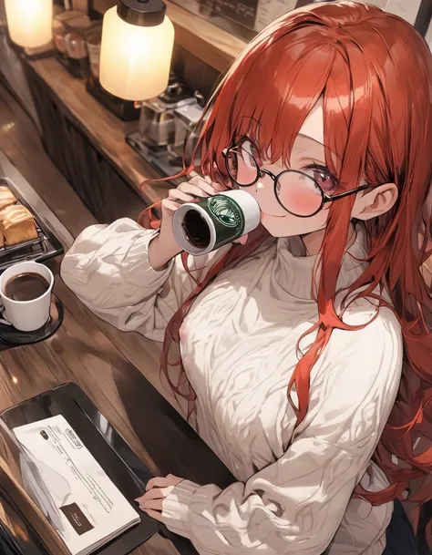   Masterpiece、  girl、  redhead、  long hair、smile、 Woman drinking   , Her Nipples Stand ,   coffee shop with glasses  ，Beautiful coffee shop ， warm coffee ， white sweater from slightly above