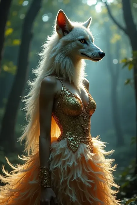 Create a fantasy hybrid creature with the head of a majestic animal, such as a wolf or an eagle, and the body of an elegant woman. The creature should wear a dress made entirely of shimmering animal feathers, blending natural elements with a regal, mystica...