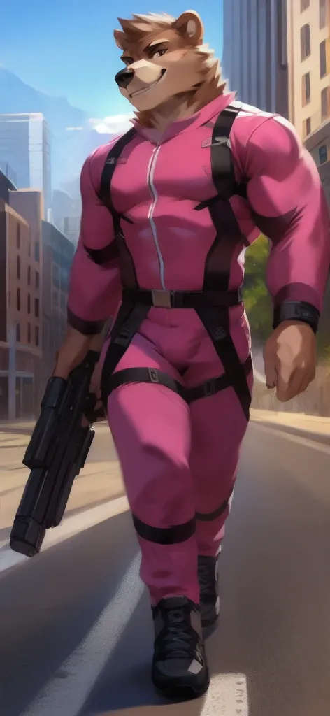  alone, male Tall​,huge​ body​, stand,Carrying a long gun as a weapon, road,bear crocodile ice pink ,  pink military spacesuit,  heavy overload,  muscle bundle, smirking happy ,by chunie ​