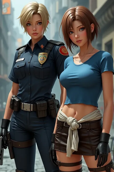   Make Leon Scott Kennedy from Resident Evil in police uniform  ,   with Jill Valentine from Resident Evil with short light brown hair, blue cropped t-shirt ,  short leather skirt ,   long leather boots,  white sweater tied at the waist  ,  with Samus Aran...