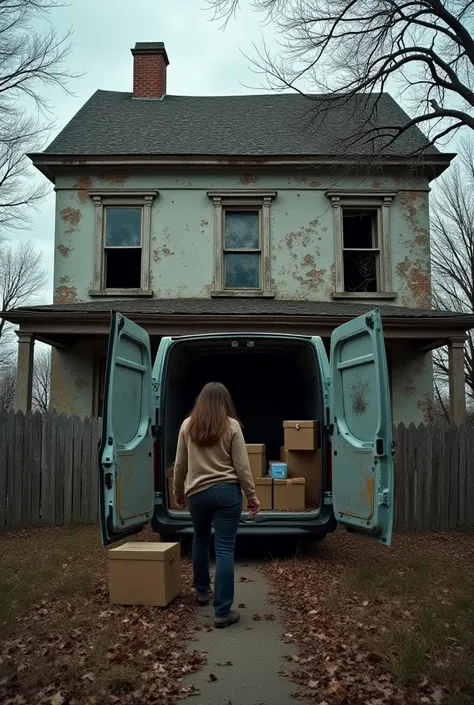 An old, abandoned colonial-style house with peeling walls and broken windows. A 25-year-old woman, Laura, with brown hair and simple clothes, is unloading boxes from a van. The sky is overcast, with gray tones, and the wind sways the trees around. The atmo...