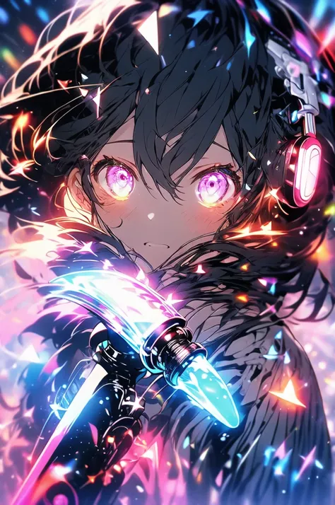 ( cyberpunk,),  low angle、 dark hair,  long hair, bangs,   headphones , chest,   black hoodie,  girl with a cute face ,  a cool cyborg holding a plasma gun sword、blue lightning、 watches viewers, photorealistic, ( cyberpunkTOKYOcity,)(neon Light,  pink_Ligh...