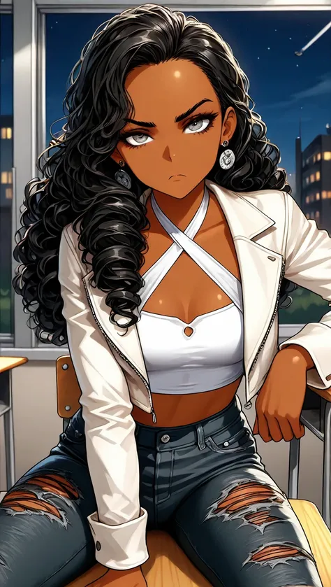 1Girl, Mature, Ebony, African American, Dark Skin, Jet Black Long Curly Hair, Wood Grey Eyes, Medium Chest, White Halter Crop-Top, White Cropped Denim Jacket, Black Ripped Jeans, Exposed Black Pantyhose, Black Earrings, Looking At Viewer, Bored, Serious, A...