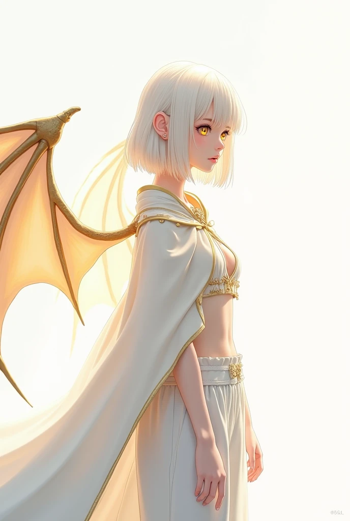 alone,  Anime Girl,  dragon girl ,  dragon wings on white and gold back, medium white hair ,  golden eyes,  fair skin ,  white and gold cape , white and gold clothes,  white pants .
