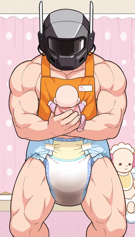 1person, Highest quality, (((male Employee wearing dirty diaper))), orange bib, gay, naked ,(((baby room background))), helmet, muscle, he have toys, diaper carnival