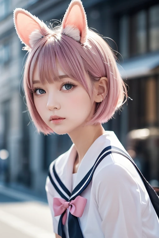  ski style,  One Girl , Alone,  pink hair,  animal ears ,  blue eyes, Wings,  looking , bangs,  short hair, bow,  sailor color , white  sailor color , hair bow, pink bow,  Closed Her Mouth ,  shirt, white  shirt, bear ears,  bob cut, Mini Wing,  portrait, ...