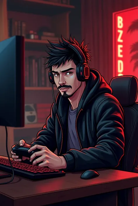  Draw an anime-style cartoon , Make a scene of a gamer room , The bedroom is black with red details,  place the age character in leather clothes a black drawing, The clothes have some details in red,  the character is wearing headphones grids , The charact...