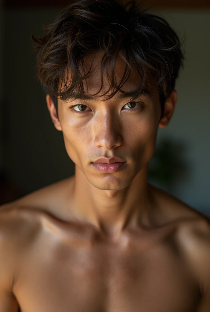 Skinny Asian BOY,  soft hairy and hairy penis, sweaty naked body .  Brown Hair and Brown Eyes. fierce face