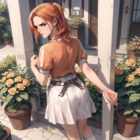 a beautiful young woman with orange hair, frustrated expression, face flushed, standing in a home garden, wearing an orange blouse, white skirt, pink pants, white thigh-high socks, viewed from above, looking back at the viewer, raising her rear, a red belt...