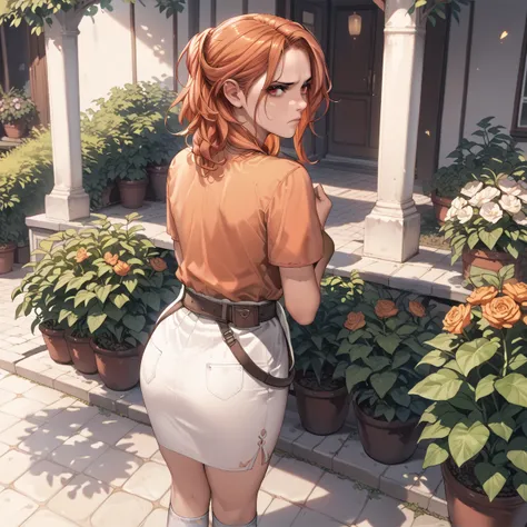 a beautiful young woman with orange hair, frustrated expression, face flushed, standing in a home garden, wearing an orange blouse, white skirt, pink pants, white thigh-high socks, viewed from above, looking back at the viewer, raising her rear, a red belt...