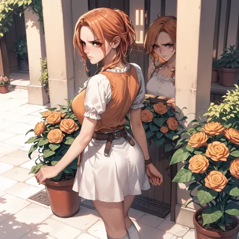 a beautiful young woman with orange hair, frustrated expression, face flushed, standing in a home garden, wearing an orange blouse, white skirt, pink pants, white thigh-high socks, viewed from above, looking back at the viewer, raising her rear, a red belt...