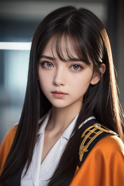  white 17-year-old girl with long black hair is wearing a military uniform,  Orange Cape , Big hazel eyes,  Science Fiction , Dark mood, charturnerv2