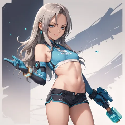  score_9,  score_8_ up the side,  score_7_ up the side,  Masterpiece,  top quality,  Advanced Sexual Poses,change, Erinkle , 1 girl, Alone, Gray Hair,  long hair,  watches viewers,  skin indentation , ,  smug , Lewd smile,  small breasts,  crop top,  short...