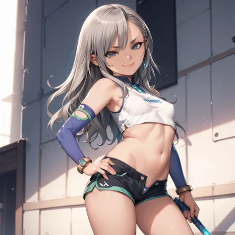  score_9,  score_8_ up the side,  score_7_ up the side,  Masterpiece,  top quality,  Advanced Sexual Poses,change, Erinkle , 1 girl, Alone, Gray Hair,  long hair,  watches viewers,  skin indentation , ,  smug , Lewd smile,  small breasts,  crop top,  short...