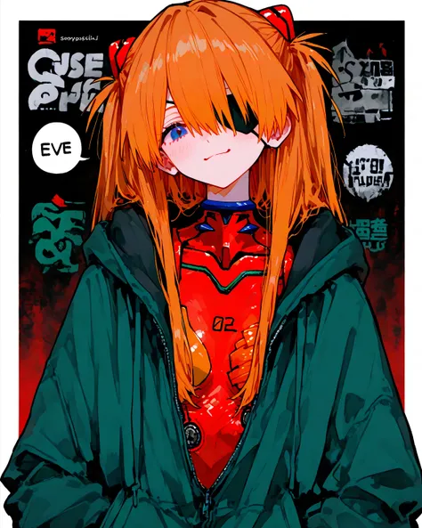   so aesthetic ,          、     top quality,    Masterpiece,     748cm style    ,    high detail、Cute poster、  8k wallpaper、   top quality、  absurd,     latest,                1 female、    Soryu Asuka Langley   、    orange hair、    blue eyes、    eye patch ...