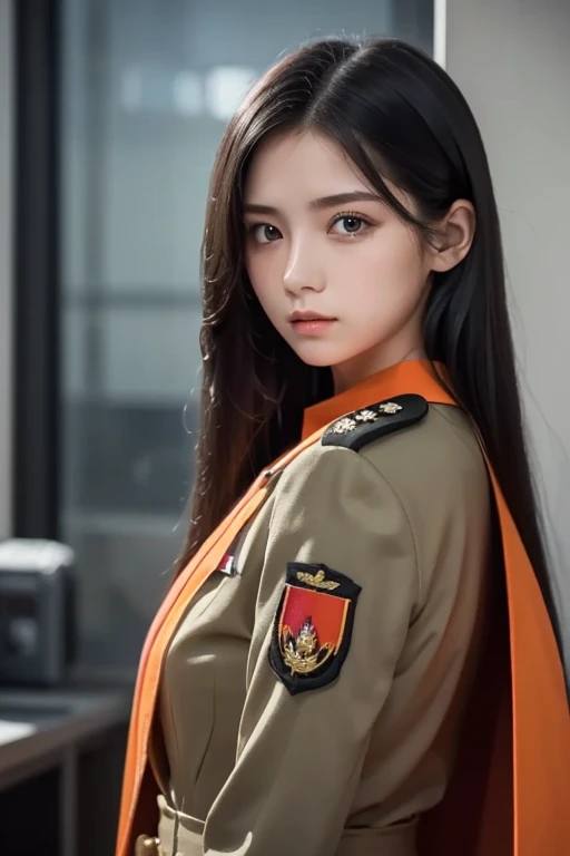  white 17-year-old girl with long black hair is wearing a military uniform,  Orange Cape , Big hazel eyes,  Science Fiction , Dark mood,