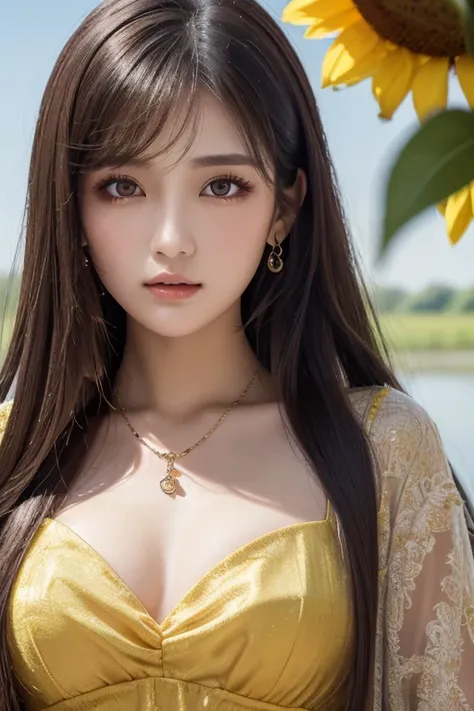 ( Absurdly , High Quality , Ultra Details ) ,( Handmade ) , 1 girl, Alone, mature, touch very long hair , Sunflower Hair , The beautiful crystal eye in the upper left corner ( Eye details ) Baroque, necklace, long dress , Long Sleeve , elegant , colorful ,...