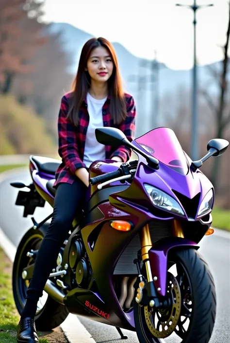   Original photo of a beautiful Korean woman  ,   Long straight hair beautiful  ,  perfect figure,   wearing a purple and black flannel shirt and a white T-shirt inside the shirt  ,  wearing black G-Shock watch ,  black long jeans ,   wearing black leather...