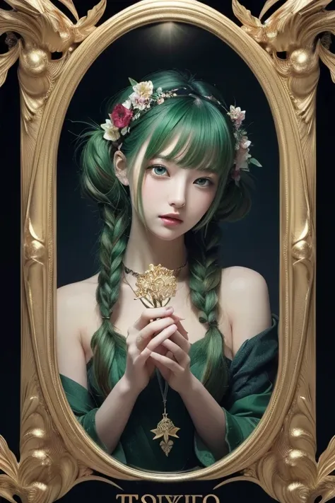 (Masterpiece,  top quality,  best quality ,  Official Art,  beautiful and aesthetic:1.2), ( 1 girl:1.3), ( Fractal Art :1.3), card, Tarot,  green hair,  twin tails,  hair flower, ( good lighting :1.1), (( high resolution)), Tarot card style