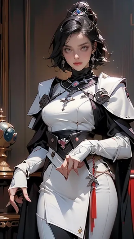 ((masterpiece, best quality, ultra detailed, high resolution, detailed facial description, perfect hands, perfect eyes)), (1 girl, solo), (brown skin:1.3), (medium breasts), (white hair, medium hair), (purple eyes), (Apprentice Illusion Magician costume), ...