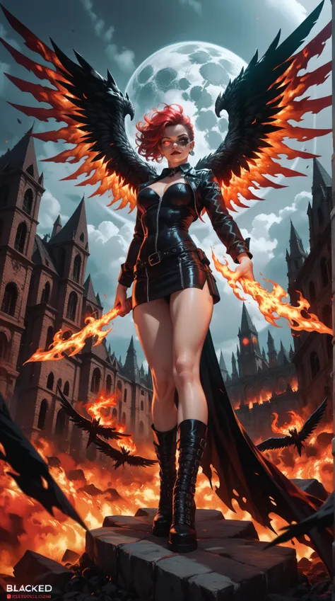  Fallen Angel ， Blackened wings ， scorching environment ，Scarred Face ，Fiery eyes ， Fiery Hands ， perfect five fingers， Hell Background ，hyper-realistic，8k， Ultra High Resolution ， High detail， HD ，panoramic， Full Body Lens 