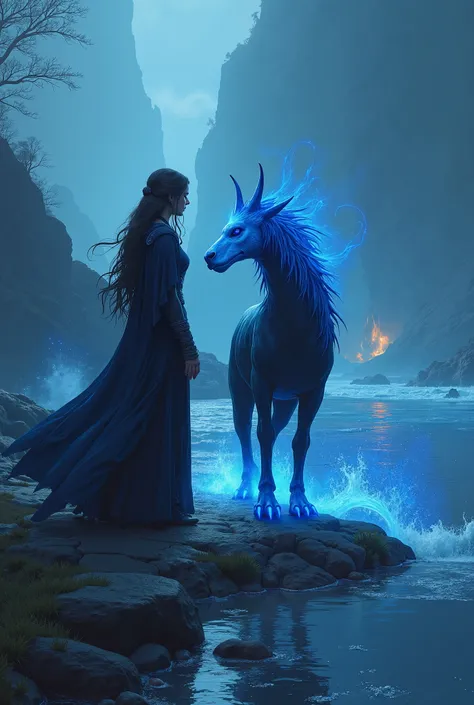 High resolution amazing portrait of a real life World of Warcraft scene of a female human warlock and her black void walker that had a blue glowing hue to it, they are standing on the bank of a river flowing into the ocean near Darkshore