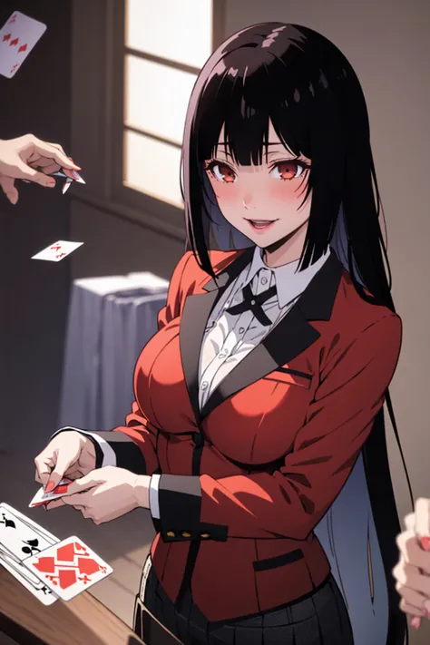 A dynamic anime-style illustration of Yumeko Jabami from Kakegurui, standing confidently in her elite academy. She wears her signature red blazer, black skirt, and white blouse, with her long black hair flowing dramatically. Her eyes gleam with an intense,...