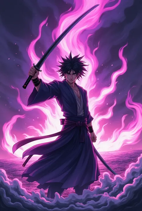 Tanjiro Kamado demon Slayer anime style with a black katana surrounded by purple and red flames with a large amount of water behind it