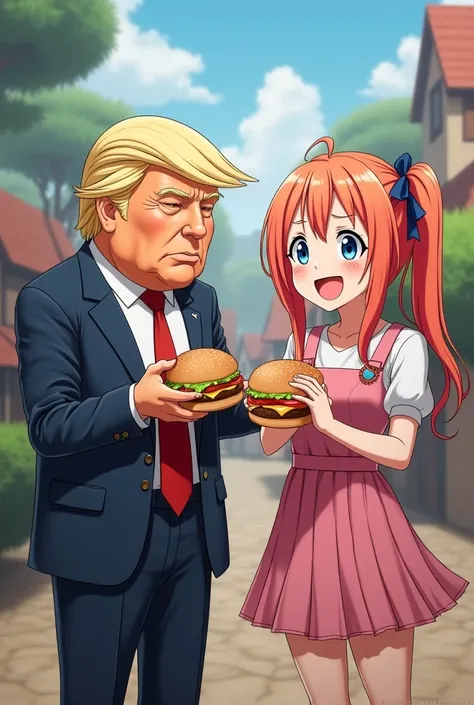 President Trump eating a hamburger、 next to Lovelive 　Tang Keke ,Kookoo 