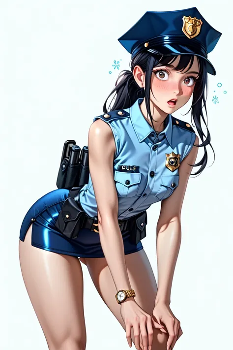  Japanese beautiful girl ,(It's 1 :2.0),( watches viewers:1.0),(sleeveless collared police shirt:1.1),( police officer's micro mini skirt:1.1),( slender body:1.2),(Surprised:1.0),real skin ,small breasts,  Shiny Black Hair, Super Detailed Black Eyes, lean ...