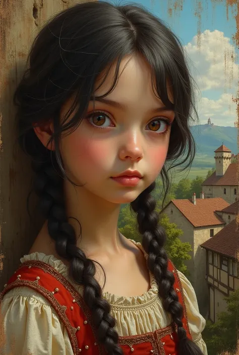  Close-up of the best masterpiece :1.5)0.9], ( Flirty peasant girl) (Tattered dark hair )  ( medieval peasant clothes), European village background with a small castle on a hill