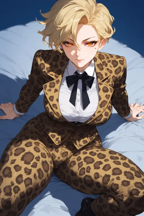 Woman, blonde hair, topknot, Pixie style, beauty mark near the mouth, leopard print suit, anime style, orange eyes 