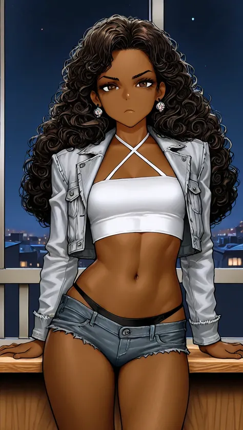 1Girl, Mature, Ebony, African American, Dark Skin, Jet Black Long Curly Hair, Wood Brown Eyes, Medium Chest, White Halter Crop-Top, White Cropped Denim Jacket, Black Panties, Black Earrings, Looking At Viewer, Bored, Serious, Confident Pose, Solo, Classroo...