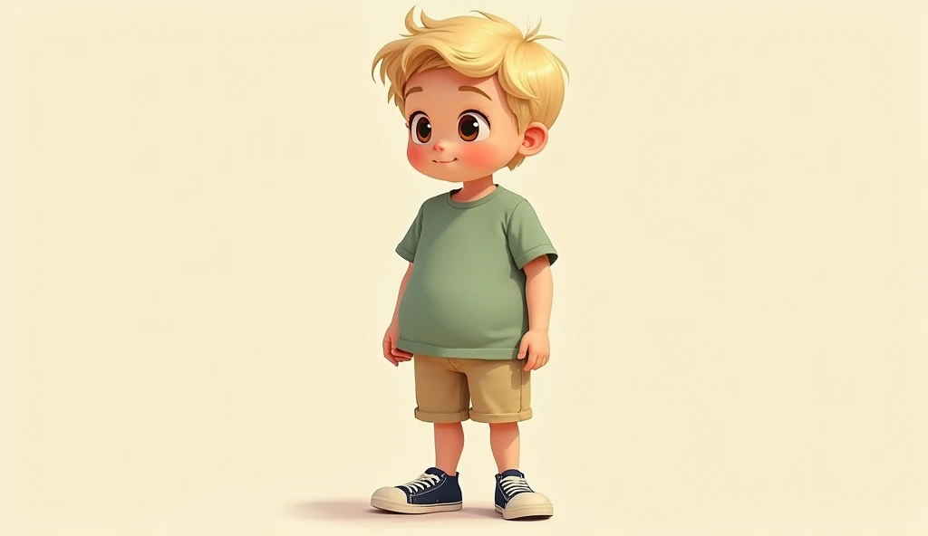 A boy named Leo is , 130cm, 40kg, round and plump, wearing a simple light sage green T-shirt that fits well and beige shorts that reach just above the knees. His navy blue sneakers with white laces are clean but slightly worn, emphasizing his casual and re...