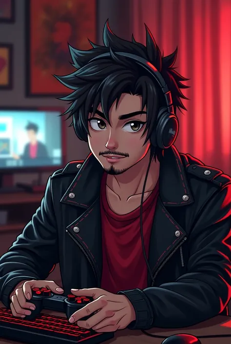  Draw an anime-style cartoon ,  make a scenario of a room that has video game decoration,  the bedroom is black with red details,  put on a age character wearing black leather clothes,  the character has a black leather jacket,  style drawing the character...