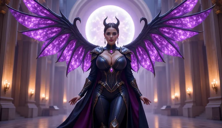 Medium shot A majestic warrior queen stands in the center of an ancient cosmic temple, illuminated by the glow of distant stars. She wears an elegant black and purple armored gown with intricate gothic-baroque engravings, a flowing dark cape, and a celesti...