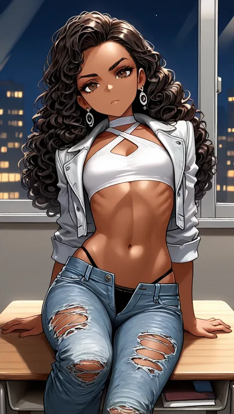 1Girl, Mature, Ebony, African American, Dark Skin, Jet Black Long Curly Hair, Wood Brown Eyes, Medium Chest, White Halter Crop-Top, White Cropped Denim Jacket, Black Ripped Jeans, Exposed Black Panties, Black Earrings, Looking At Viewer, Bored, Sitting On ...