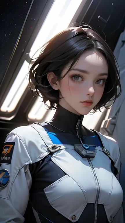 astronaut girl, (( science fiction )),((Alisa Selezneva)),(( lonely space station )),((oppressive atmosphere)),(( loneliness)),Neolight,  futuristic style ,(( A girl aged  )),(( In a futuristic square spacesuit, bodysuit)),((  cute face)),(  short dark hai...