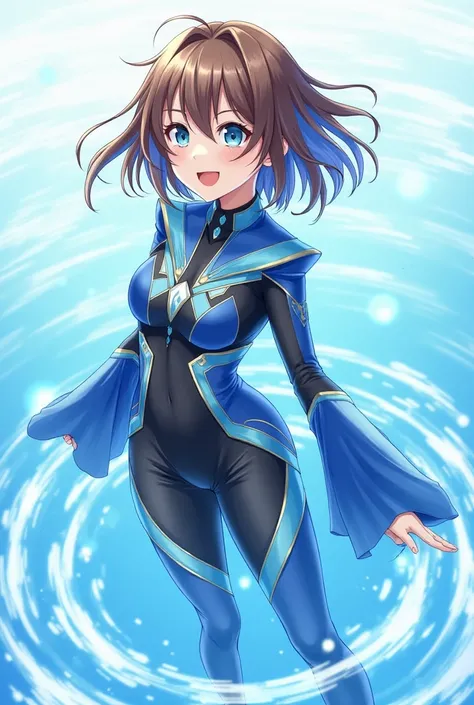 I need you to take a picture of a girl with brown hair, with blue locks and eyes without pupil , with hero costume that is a high-neck bodysuit , without legs ( that I let see the thighs) and flared sleeves , with thigh-length tights , all in opaque blue ,...