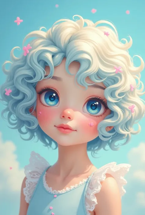  a beautiful and delicate-looking peach-skinned young girl of average height with curly light blue/pale blonde hair that appears immaterial, floating and moving like a cloud with hair tips resembling the edges of a blue-gold cloud and unique blue eyes with...