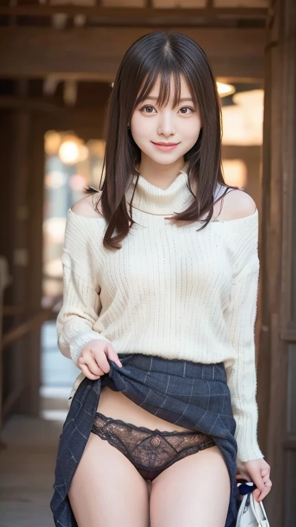   top quality、  disorganized 、 very detailed、finely、 high resolution、 8k wallpaper、 perfect dynamic composition、 beautiful and fine eyed、 gorgeous knitted Korean winter clothes、 skirt、( skirtをたくし上げる)、(Lace Panties Display)、  medium hair 、bangs、 big breasts...