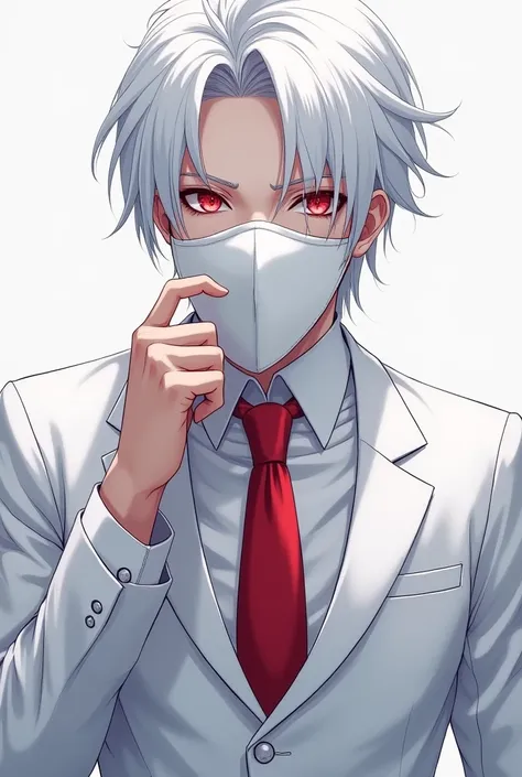 man, Ojos rojos,  white hair, almost taking off a white mask, white suit with white shirt and red tie, anime, Showing an eye,  beautiful.