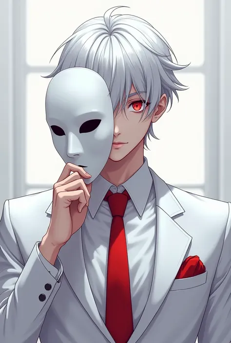 man, Ojos rojos,  white hair, almost taking off a white mask, white suit with white shirt and red tie, anime, Showing an eye,  beautiful.