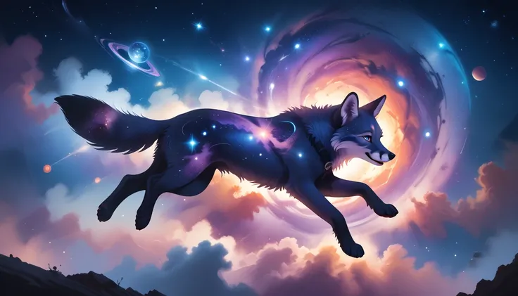 a fox with blue pink purple galaxy fur smoky realistic galaxy with planets and pillars of creations the fox floating around in space, the fox up close flying around