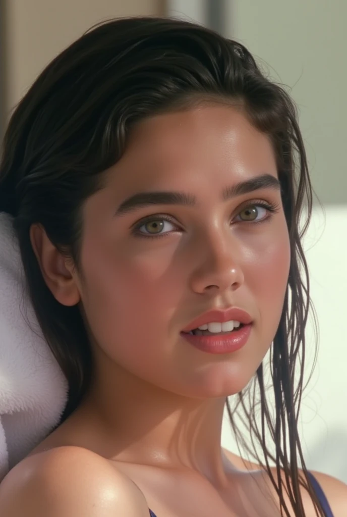 (    Masterpiece,      top quality:1.5), 
 seat,      alone,
    18-year-old Jennifer Connelly    ,towel,    sweated,   glowing skin ,  length,  Wet, Glossy Black Hair  , 
  The Beauty of White Skin Stands Out  、 is pink with excitement   、
  An Open-Air B...