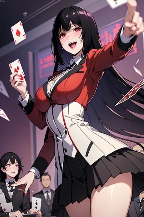 A dynamic anime-style illustration of Yumeko Jabami from Kakegurui, standing confidently in her elite academy. She wears her signature red blazer, black skirt, and white blouse, with her long black hair flowing dramatically. Her eyes gleam with an intense,...