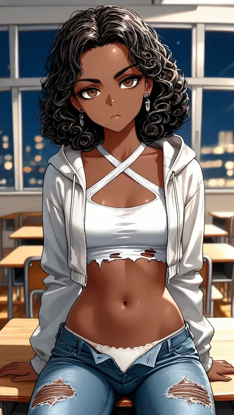 1Girl, Mature, Ebony, African American, Dark Skin, Jet Black Long Curly Hair, Wood Brown Eyes, Medium Chest, White Halter Crop-Top, White Cropped High-Cut Hoodie, Black Ripped Jeans, Exposed White Panties, Black Earrings, Looking At Viewer, Bored, Sitting ...