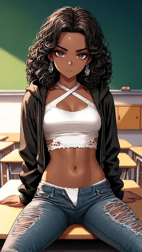 1Girl, Mature, Ebony, African American, Dark Skin, Jet Black Long Curly Hair, Wood Brown Eyes, Medium Chest, White Halter Crop-Top, White Cropped High-Cut Hoodie, Black Ripped Jeans, Exposed White Panties, Black Earrings, Looking At Viewer, Bored, Sitting ...