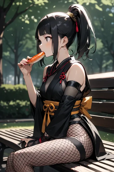  1girl ,  Kunoichi, ninja, black hair, twintail hair, ninja outfit with fishnet waistband, black ninja outfit, Mesh net chest,fishnet pantyhose, A stylish yet mysterious kunoichi with a sleek black ponytail, dressed in a modernized ninja outfit with subtle...