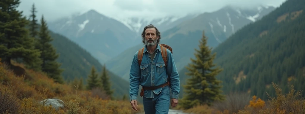 FPV ( The camera is in front of a man ) Of a 40-year-old man with a beard,  in a denim jacket and blue jeans with brown hiking shoes on a mountain, mountain with vegetation, realistic and natural, autumn,   extremely detailed, dark green background 8k .